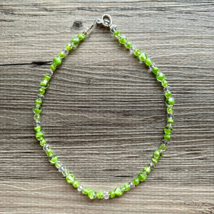 Green Sparkle Jewel Statement Necklace, Chunky 1 Strand Jewelry, silver necklace, layering long bib beaded necklace thin collar bead lime