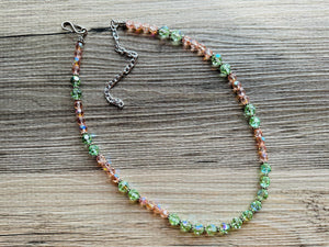 Green & Pink Sparkle Jewel Statement Necklace, Chunky 1 Strand Jewelry, silver layering long bib beaded necklace thin collar bead lime