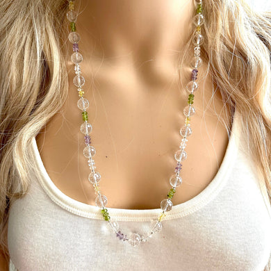 Clear Rainbow Sparkle Jewel Statement Necklace, Chunky 1 Strand Jewelry, silver necklace, layering long bib beaded necklace thin collar