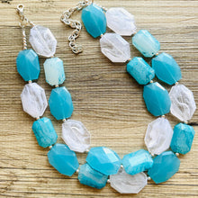 Load image into Gallery viewer, Aqua Blue Double Strand Statement Necklace, Chunky light blue Oval Beaded Bib Jewelry, blue jewelry, baby blue jewlery necklace