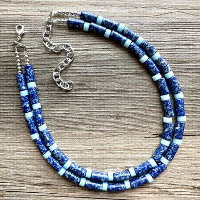 Natural Lapis Lazuli Beaded 1 strand Statement Necklace, Chunky Bib Single Jewelry stone jewelry, gemstone layering dark blue navy