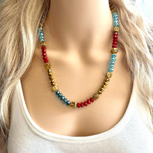 Load image into Gallery viewer, Red Sparkle Jewel Statement Necklace, Chunky 1 Strand Jewelry, gold layering long bib beaded thin collar bead turquoise blue maroon