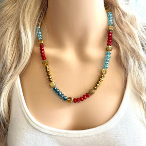 Red Sparkle Jewel Statement Necklace, Chunky 1 Strand Jewelry, gold layering long bib beaded thin collar bead turquoise blue maroon