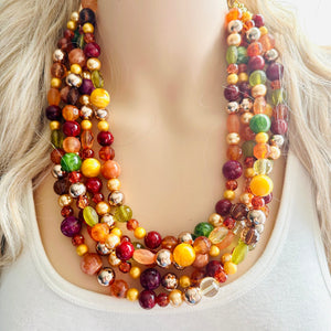 November Leaves Chunky Statement Necklace Beaded Jewelry, fall orange yellow orange mustard bridesmaid bib wedding gold clear resin