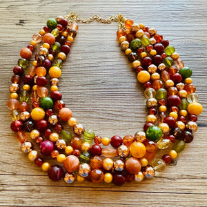 November Leaves Chunky Statement Necklace Beaded Jewelry, fall orange yellow orange mustard bridesmaid bib wedding gold clear resin