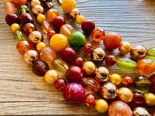 Load image into Gallery viewer, November Leaves Chunky Statement Necklace Beaded Jewelry, fall orange yellow orange mustard bridesmaid bib wedding gold clear resin