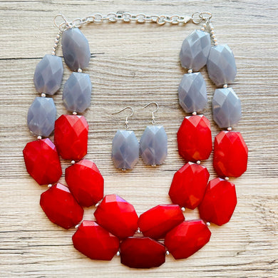 Fall Statement Necklace, Maroon & Gray Necklace, Multi Strand Statement Necklace, fall colors necklace, chunky bib red and gray