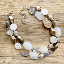 Load image into Gallery viewer, Silver Ombré Chunky Statement Necklace, multi Strand Beaded Jewelry, 2 strand chunky bib silver gem bead set gray black white shell