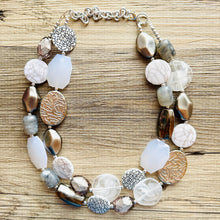 Load image into Gallery viewer, Silver Ombré Chunky Statement Necklace, multi Strand Beaded Jewelry, 2 strand chunky bib silver gem bead set gray black white shell