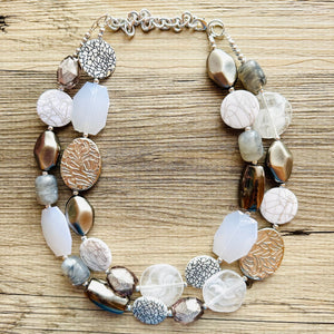 Silver Ombré Chunky Statement Necklace, multi Strand Beaded Jewelry, 2 strand chunky bib silver gem bead set gray black white shell