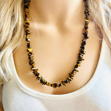 Load image into Gallery viewer, Tiger’s Eye GemStone Chunky Statement Necklace, striped gem necklace, long gem jewelry beaded agate champagne pendant brown black