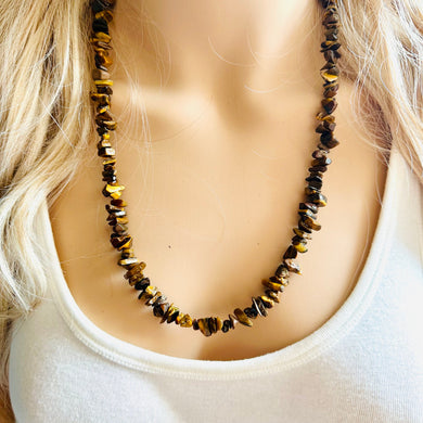 Tiger’s Eye GemStone Chunky Statement Necklace, striped gem necklace, long gem jewelry beaded agate champagne pendant brown black