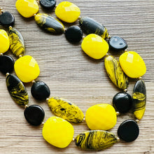 Load image into Gallery viewer, Black &amp; yellow SWIRL Statement Necklace, chunky beaded jewelry, bumble bee black and yellow necklace, beaded jewelry, black necklace