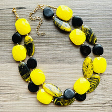 Load image into Gallery viewer, Black &amp; yellow SWIRL Statement Necklace, chunky beaded jewelry, bumble bee black and yellow necklace, beaded jewelry, black necklace