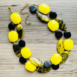 Black & yellow SWIRL Statement Necklace, chunky beaded jewelry, bumble bee black and yellow necklace, beaded jewelry, black necklace
