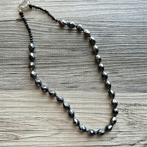 Gray Sparkle Jewel Statement Necklace, Chunky 1 Strand Jewelry, silver layering long bib beaded thin collar vintage bead gunmetal