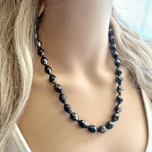 Gray Sparkle Jewel Statement Necklace, Chunky 1 Strand Jewelry, silver layering long bib beaded thin collar vintage bead gunmetal