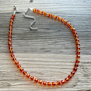 Orange Sparkle Jewel Statement Necklace, Chunky 1 Strand Jewelry, silver layering long bib beaded thin collar vintage bead gunmetal