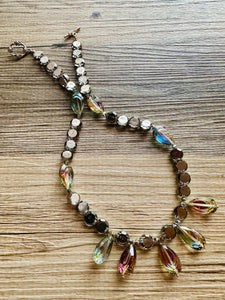 Rainbow Jewel Statement Necklace, Chunky 1 Strand Jewelry, silver necklace, gray bib beaded necklace thick collar bead metal layering