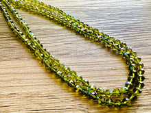 Load image into Gallery viewer, Green Jewel Statement Necklace, Chunky 2 Strand Jewelry, silver necklace, double long beaded necklace thick collar bead metal olive layering