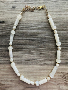 Cream Shimmer Single Strand Beaded Statement Necklace, pearl beaded bridesmaid jewelry layering resin gold off white, eggshell bead thin