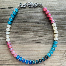 Load image into Gallery viewer, Tropical Sunrise Shimmer Single Strand Beaded Statement Necklace, turquoise beaded blue bridesmaid jewelry layering glitter pink resin white