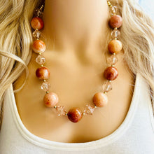 Load image into Gallery viewer, Natural carnelian Beaded 1 strand Statement Necklace, Chunky Bib Single Jewelry Light orange stone jewelry, gemstone layering red cream gold