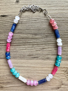 Tropical Sunrise Shimmer Single Strand Beaded Statement Necklace, turquoise beaded blue bridesmaid jewelry layering glitter pink resin white