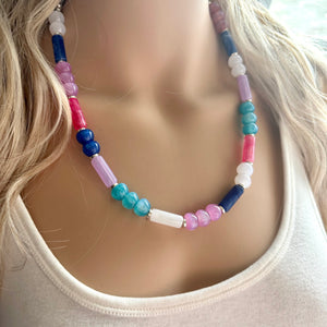 Tropical Sunrise Shimmer Single Strand Beaded Statement Necklace, turquoise beaded blue bridesmaid jewelry layering glitter pink resin white