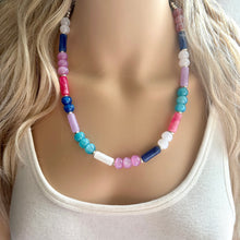 Load image into Gallery viewer, Tropical Sunrise Shimmer Single Strand Beaded Statement Necklace, turquoise beaded blue bridesmaid jewelry layering glitter pink resin white