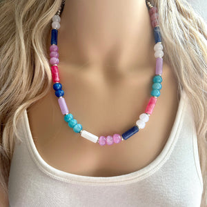 Tropical Sunrise Shimmer Single Strand Beaded Statement Necklace, turquoise beaded blue bridesmaid jewelry layering glitter pink resin white