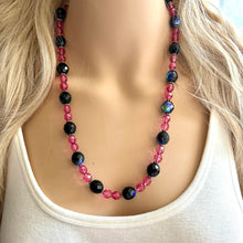 Load image into Gallery viewer, Black &amp; Pink Jewel Statement Necklace, Chunky 1 Strand Jewelry, black necklace, blush long bib beaded necklace thick collar bead metal