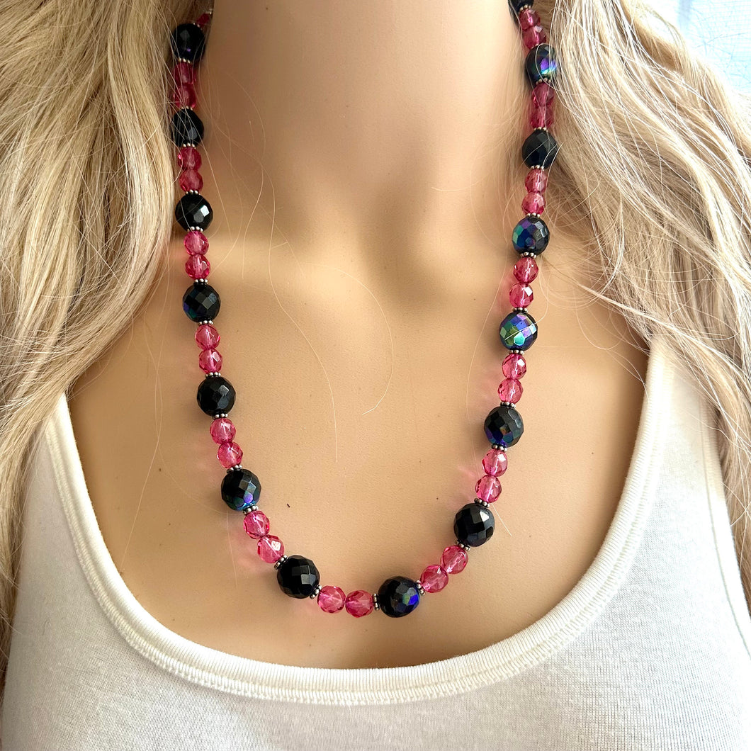 Black & Pink Jewel Statement Necklace, Chunky 1 Strand Jewelry, black necklace, blush long bib beaded necklace thick collar bead metal