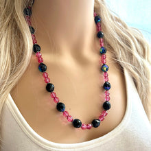 Load image into Gallery viewer, Black &amp; Pink Jewel Statement Necklace, Chunky 1 Strand Jewelry, black necklace, blush long bib beaded necklace thick collar bead metal