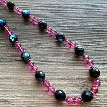 Load image into Gallery viewer, Black &amp; Pink Jewel Statement Necklace, Chunky 1 Strand Jewelry, black necklace, blush long bib beaded necklace thick collar bead metal