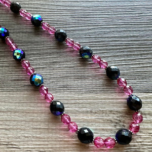 Black & Pink Jewel Statement Necklace, Chunky 1 Strand Jewelry, black necklace, blush long bib beaded necklace thick collar bead metal