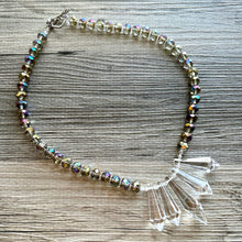 Load image into Gallery viewer, Rainbow Sparkle Jewel Statement Necklace, Chunky 1 Strand Jewelry, gold layering long bib beaded thin collar bead gold champagne gunmetal