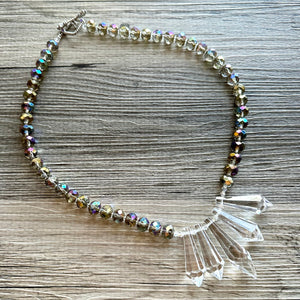 Rainbow Sparkle Jewel Statement Necklace, Chunky 1 Strand Jewelry, gold layering long bib beaded thin collar bead gold champagne gunmetal