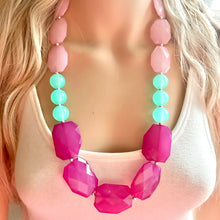 Load image into Gallery viewer, Long Blush Pink Magenta &amp; Mint Big Bead Necklace, Double Strand Statement Jewelry, magenta blush mint green Chunky bib, bridesmaid everyday