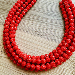 Royal Red Necklace, Red Holiday Jewelry, bright red Jewelry Beaded Christmas Present silver ornament 5 strand rhinestone glass clay necklace