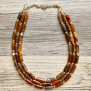 Fall Coffee Statement Necklace, multi strand jewelry, big beaded chunky statement necklace, gold cream brown neutral champagne tan