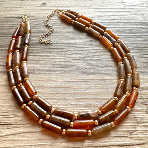 Fall Coffee Statement Necklace, multi strand jewelry, big beaded chunky statement necklace, gold cream brown neutral champagne tan
