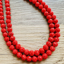 Load image into Gallery viewer, Royal Red Necklace, Red Holiday Jewelry, bright red Jewelry Beaded Christmas Present silver ornament 2 strand rhinestone glass clay necklace