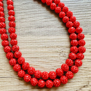 Royal Red Necklace, Red Holiday Jewelry, bright red Jewelry Beaded Christmas Present silver ornament 2 strand rhinestone glass clay necklace