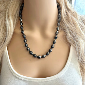 Gray Sparkle Jewel Statement Necklace, Chunky 1 Strand Jewelry, silver layering long bib beaded thin collar vintage bead gunmetal