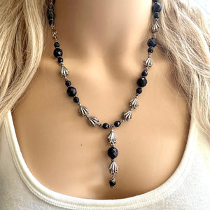 Gray Lariat Sparkle Jewel Statement Necklace, Chunky 1 Strand Jewelry, silver layering long bib beaded thin collar vintage bead gunmetal