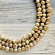 Load image into Gallery viewer, Golden Knot chunky statement necklace, big beaded jewelry, gifts for women bib jewelry Multi-Strand Nugget metallic gold painted mirror