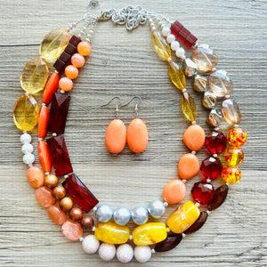 Fall Statement Necklace, Cherry Mustard Silver Necklace, Triple Strand Statement Necklace, fall colors necklace, vintage necklace, chunky