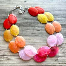 Load image into Gallery viewer, Summer Picnic Statement Necklace, chunky bib beaded jewelry, pink yellow orange necklace, beaded acrylic jewelry neon coral pink
