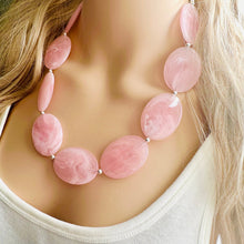 Load image into Gallery viewer, Blush Oval Statement Necklace, Single Strand Chunky Beaded Necklace, Baby Pink Jewelry, Spring Jewelry, pink Necklace, earring jewelry set